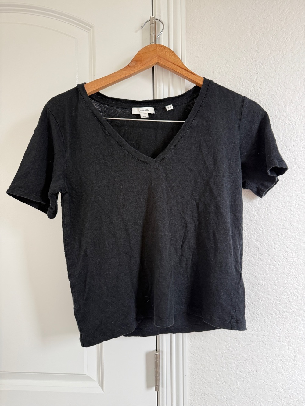 Vince Women's Black V-Neck LinenShort Sleeve Tee
